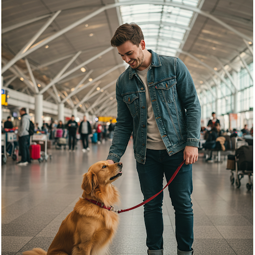 Young man wearing blue jeans and blue jean jacket with with tshirt holding a leash of a golden retriever in one hand and petting the dog on the head with the other hand . they are in a busy airport terminal