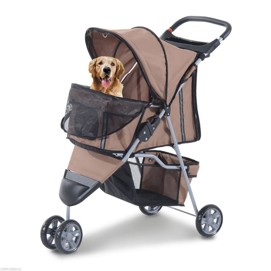 Explore Together in Comfort & Style: Paw Hut 3-Wheel Folding Pet Stroller with Brake & Canopy (Coffee)